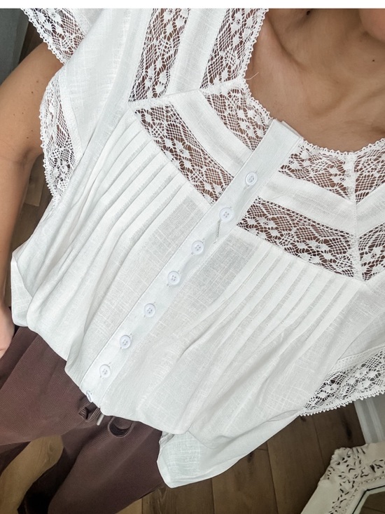 Tops - White Lace Yoke Button-Front Blouse